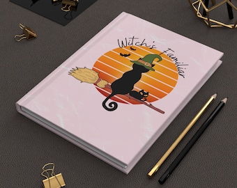 Witchy Cat Retro Vintage Sunset Hardcover Journal Matte, Black Cat Familiar Notebook, Manifestation Journal, Cute Mystical magical Notebook