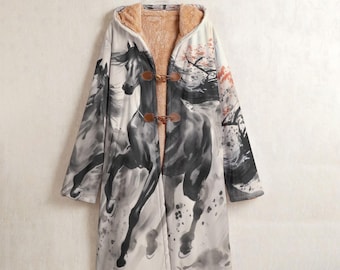 Ukiyo e Horse Long Coat, Horse Fleece Lined Hooded Overcoat, Wild Stallions Jacket, Horse Totem Hooded Jacket, Horse Fuzzy Lined Winter Coat