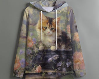 Cottagecore Cat Hoodie, Whimsical Aesthetic Kitten Sweatshirt, Floral Watercolor Cat Pullover, Cozy Cat Pullover, Cute Pastel Sweatshirt