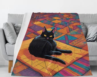 Artistic Black Cat Blanket, Cozy Black Cat Art Flannel Blanket, cat Breathable Blanket, Black Cat Warm Fleece Throw, black cat accessories