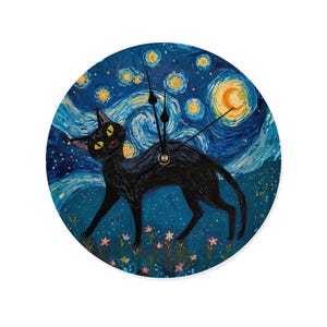 May include: Round wall clock featuring a black cat against a starry night sky background, reminiscent of Van Gogh's style. The clock face is a vibrant blue with yellow stars and a crescent moon. Black clock hands indicate the time.