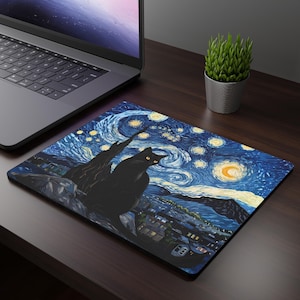 May include: A rectangular mousepad featuring a black cat silhouetted against a starry night sky, reminiscent of Van Gogh's "Starry Night" painting. The design includes swirling blue and yellow hues, a crescent moon, and a cityscape.