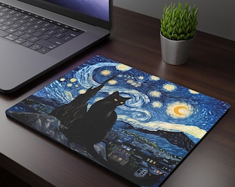 Starry Night Cat Mouse Pad, Artistic Office Decor, Gift for Cat Lovers, Home Office Accessory, Aesthetic Desk Mat, Black Cat Computer Pad