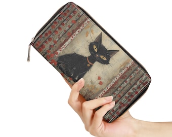 Mystical Black Cat Vintage Zipper Wallet, Dark Cottagecore Floral Wallet, Celestial Witchy Wallet, Vintage Black Cat PU Leather Card Holder