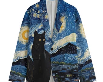 Zwarte kattenblazer met sterrennacht | Artistiek katoenen colbert | Cat Lovers-statementblazer | Op Van Gogh geïnspireerde mode | accessoire zwarte kat