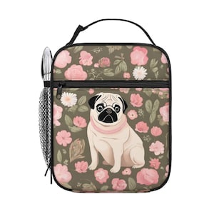 Bolsa térmica para almuerzo con diseño de carlino con flores: bonita bolsa para almuerzo con diseño de carlino, bolsillo frontal y soporte para utensilios, impermeable, regalo de regreso a la escuela para dueños de carlinos