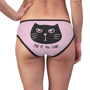 Black cat says &quot;Pet If You Can&quot; pink Women&#39;s Briefs, funny cat underwear panties, gift for her