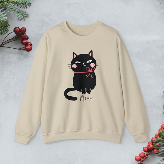 Cute Black Cat Sweatshirt, Kawaii Cat Pullover, Funny Cat Crewneck