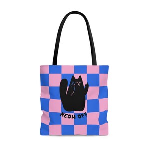 Karierte Katzentasche, sarkastische Katzentasche, Schwarze Katze Mittelfinger sagt Meow off Tote Bag, crazy Cat Lady Einkaufstasche, niedliche Tasche