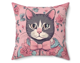 Victorian cat Pillow, Cute vintage cat Cushion, floral cat home decor, Cozy cat and flowers pillow, Decorative pillow, Cottagecore aesthetic