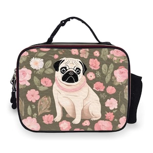 May include: A rectangular lunch bag featuring a pug illustration with a pink collar, set against a backdrop of pink flowers and green leaves. The bag has a black handle and a side mesh pocket.
