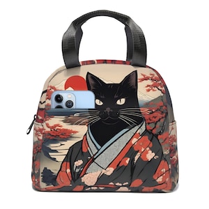 Bolsa térmica para almuerzo con diseño de kimono de gato negro, bolsa para almuerzo con diseño de gato japonés, bolsa impermeable para almuerzo, bolsa portátil para comida, bolsa para picnic con diseño de arte ukiyo-e.