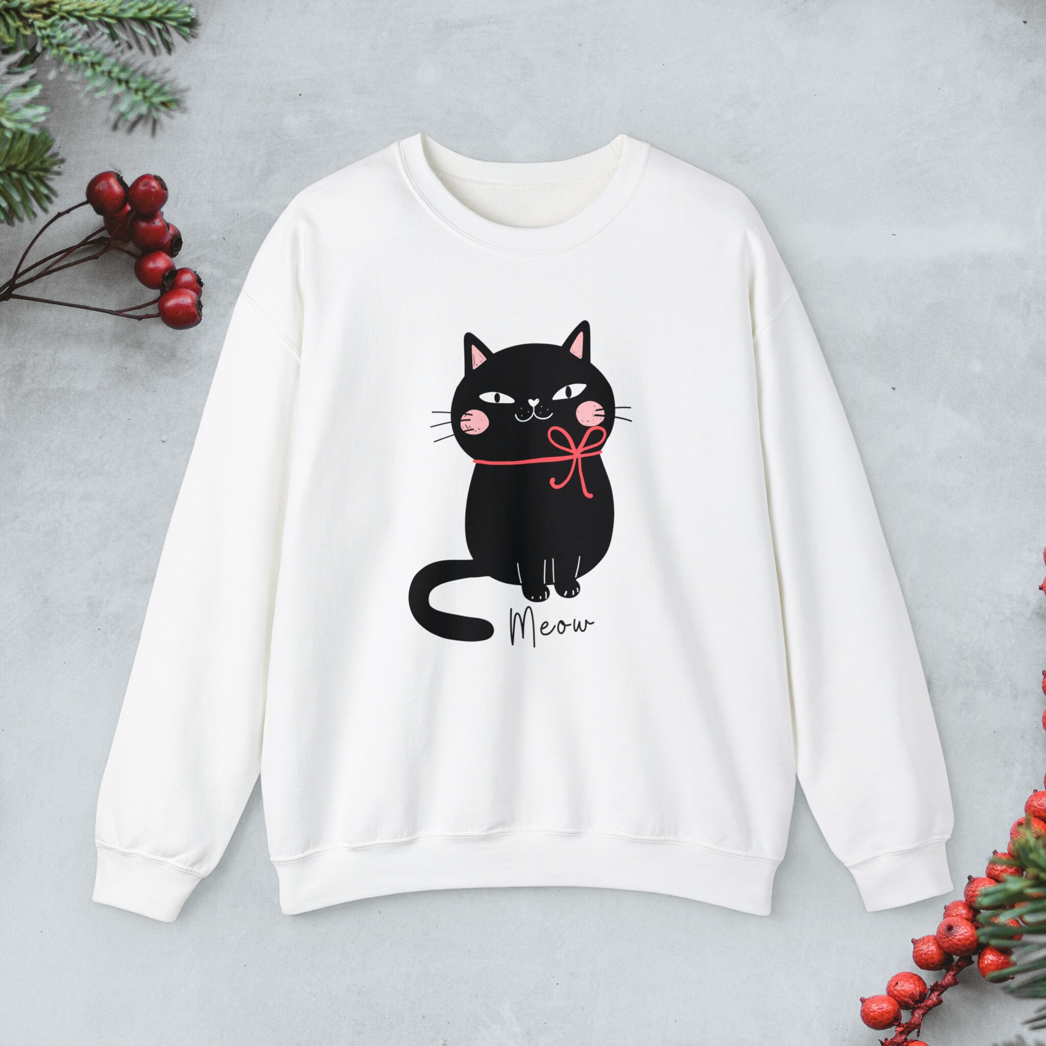 Cute Black Cat Sweatshirt, Kawaii Cat Pullover, Funny Cat Crewneck