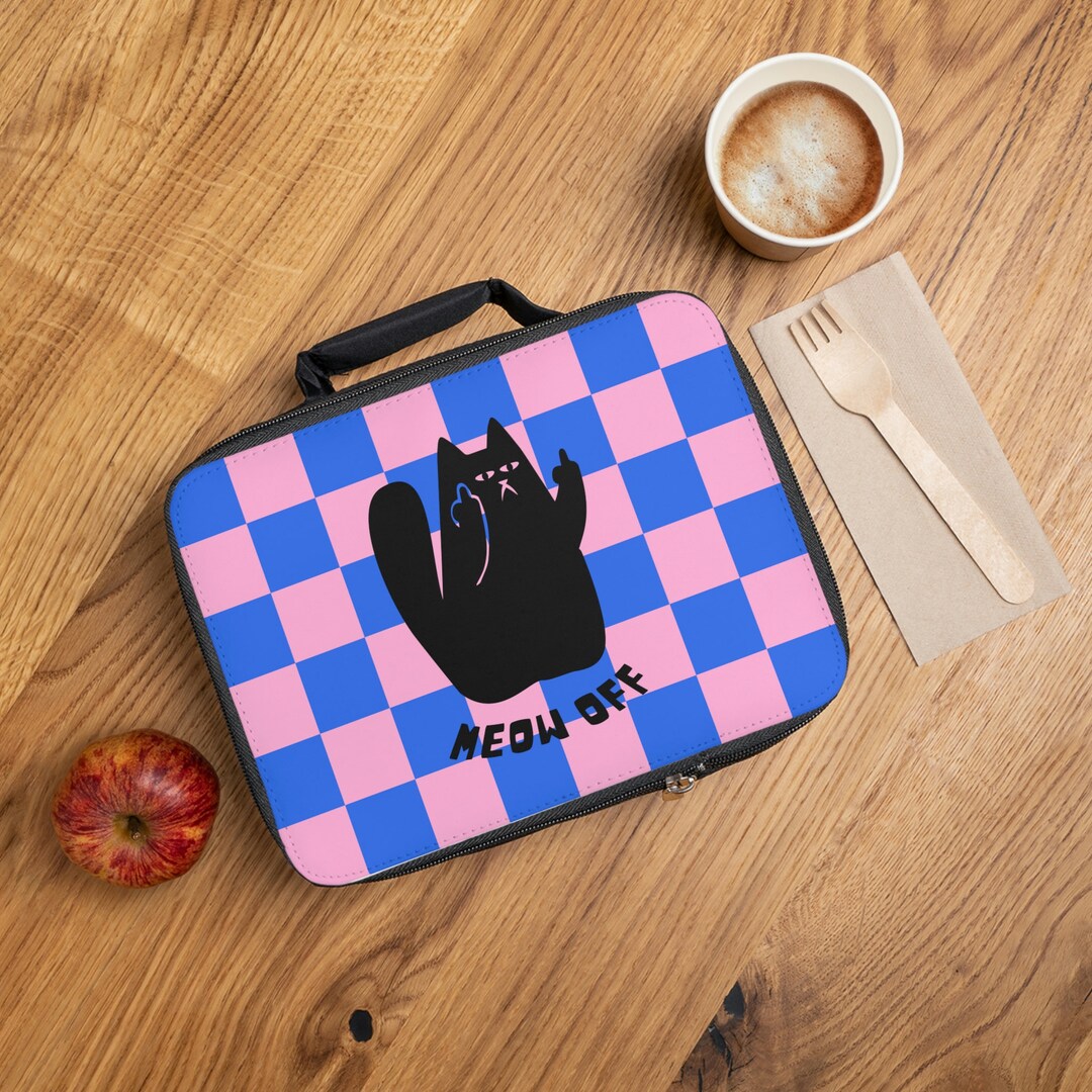 Checkered Funny Cat Lunch Bag, Cat Lover Gift, Cute Lunch Bag, Black