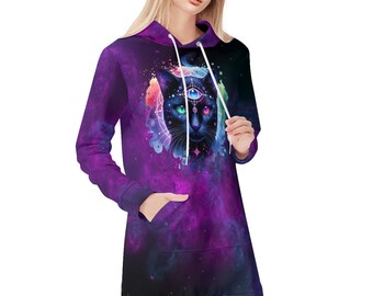 Cosmic Black Cat Hoodie Dress, Galaxy Hoodie Dress, Whimsical hoodie dress, Fantasy Dress, Celestial hoodie dress, Astrology hoodie dress
