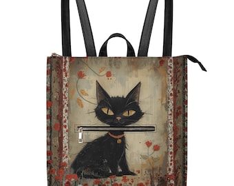 Mystical Black Cat Backpack, Cottagecore Vintage Backpack, Whimsical Gothic Cat Bag, PU Leather Bag, Witchy Victorian Art School Bookbag