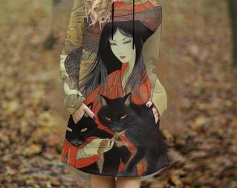 Japanese Geisha Black Cat Hoodie Dress, Ukiyo-e Art Longline Hooded Dress, Black Cat Autumn Streetwear, Black cats dress, Cat Witchy dress