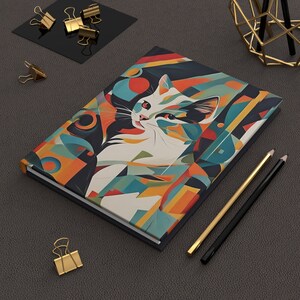 Carnet cartonné chat coloré mat, carnet chat abstrait, carnet chat géométrique, cadeau de rentrée, agenda art chat, carnet chat rétro