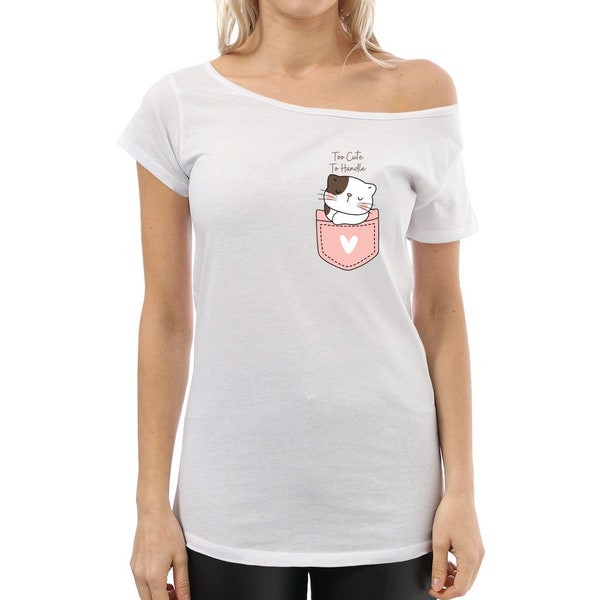 Too cute to handle cat Women's Off The Shoulder Tops Shirt, cute cat t shirt, cat Trendy shirts, kawaii cat shirt, cat mom tee, gift for her