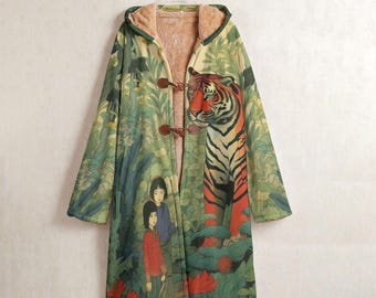 Japanese Tiger Long Fleece Windbreaker, Mystical Jungle Anime Hooded Coat, Fairytale Forest Graphic Jacket, Cozy Horn Button Warm Outerwear