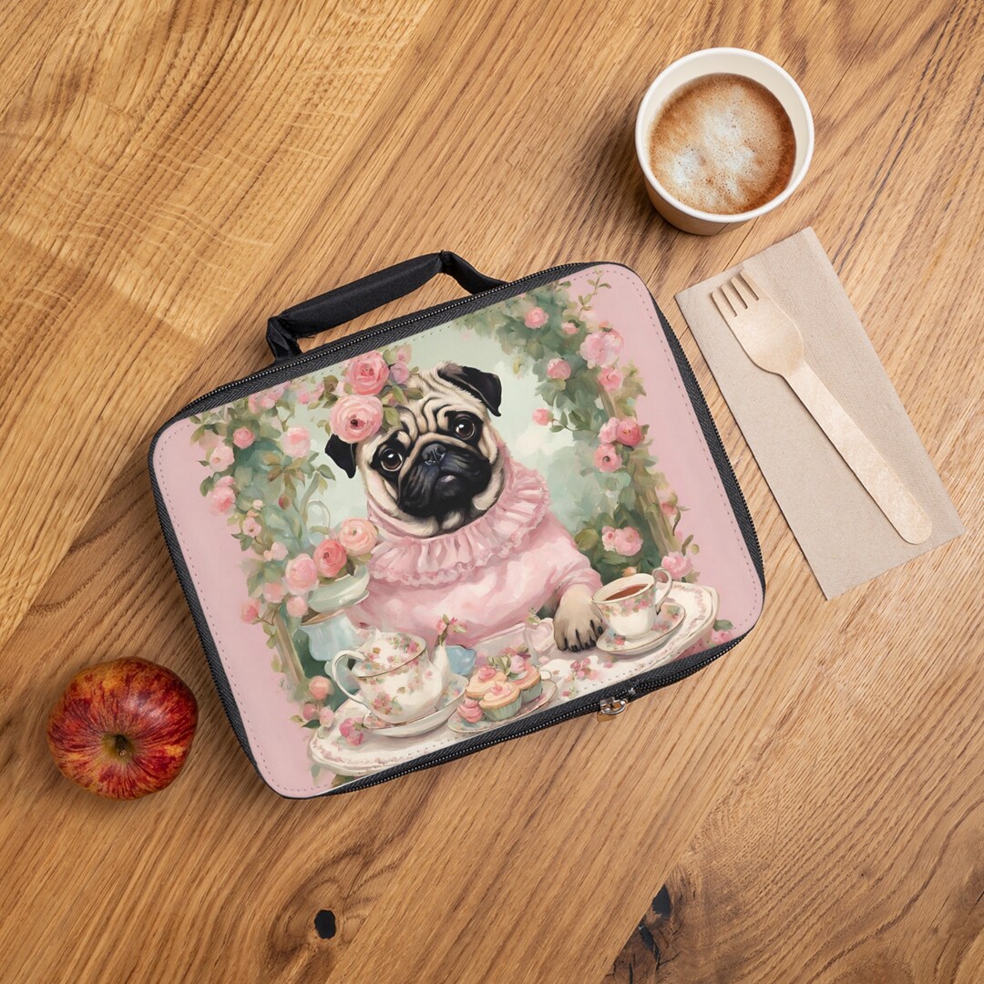 Floral Tea Party Pug Lunch Bag, Cute Mops Lunch Tote, Victorian Mops