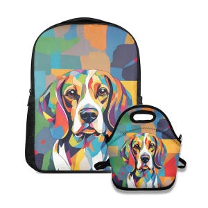 Ensemble sac à dos et sac à lunch abstrait Beagle | Cartable coloré pour chien | Sac à dos pour chien pour enfant | Fourre-tout isotherme à lunch pour chien | Cadeau pour les amateurs de beagle