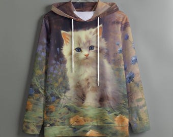 Cottagecore Cat Hoodie, Vintage Kitten Sweatshirt, Aesthetic Garden Hoodie, Cute Kitten Gift, Cat Botanical Pullover, Cozy Artistic Apparel