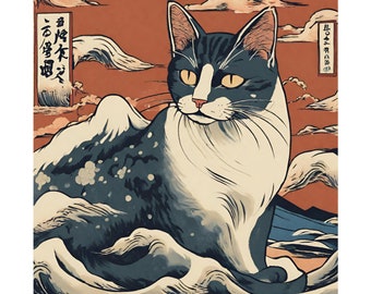 Cat Ukiyo-e style art Matte Vertical Poster, cat japanese aesthetic wall decor art, cat poster art print, Cat The Great Wave art print