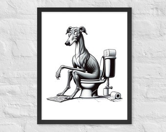 Greyhound kunst aan de muur, grappige windhond zittend op het toilet ingelijste poster, grappig badkamer decor, windhond geschenken, grappige whippet wanddecoratie