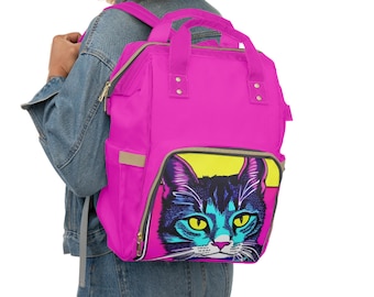 Colorful Graphic Cat Large Capacity Backpack, vibrant cat school bag, pop art cat student Backpack, retro anime cat backpack, Kawaii Cat bag