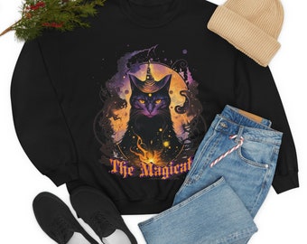 Sudadera de cuello redondo de gato negro mágico, suéter familiar de gato brujo, jersey celestial, puente de fantasía caprichoso, sudadera de gato gótico