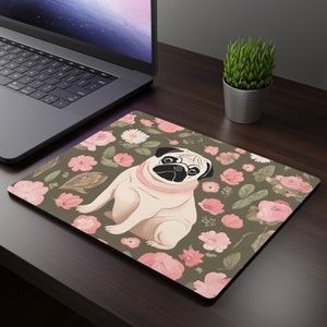 May include: A brown and white pug dog with a pink collar sits in a field of pink and white flowers. The background is a dark green color.