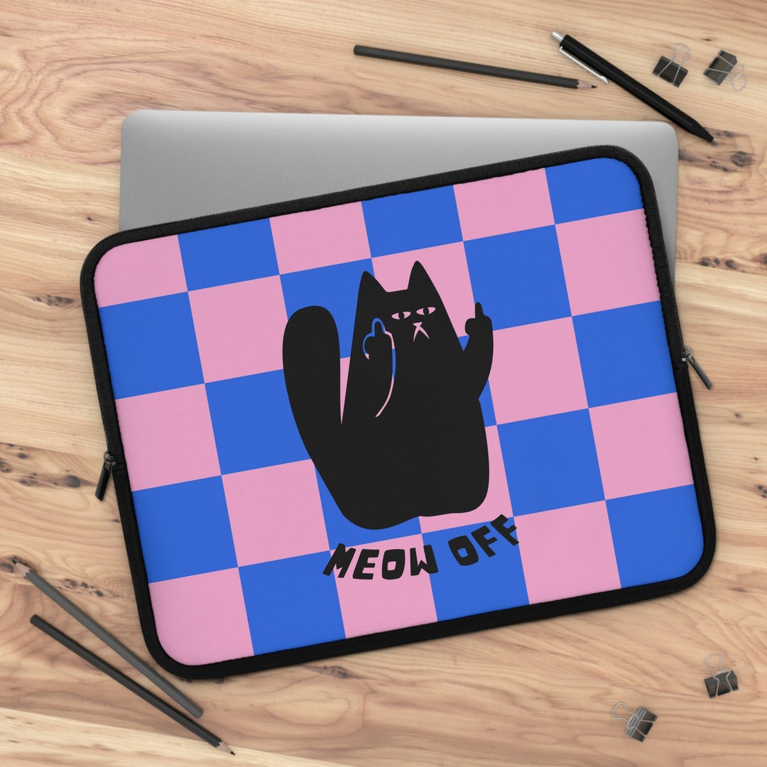 Checkered Funny Cat Laptop Sleeve, Black Cat Middle Finger Laptop Case