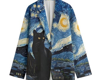 Blazer met zwarte kat en sterrenhemelmotief | Artistiek en speels jasje | Blazer geïnspireerd op Van Gogh voor kattenliefhebbers | Opvallend mode-item, cadeaus met zwarte kat