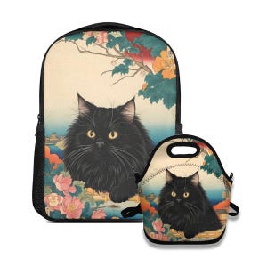 Ensemble sac à dos et sac à lunch Black Cat | Cartable chat de style art japonais | Sac à dos isotherme pour le déjeuner Ukiyo-e Art pour enfants pour le voyage scolaire