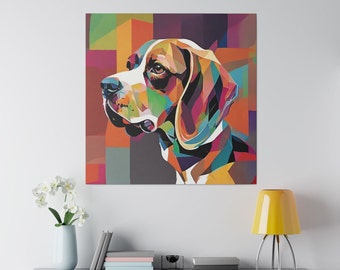 Könnte beinhalten: Ein farbenfrohes abstraktes Gemälde eines Beagle-Kopfes. Das Fell des Hundes ist eine Mischung aus Braun, Weiß und Schwarz, und der Hintergrund ist ein lebendiger Mix aus Farben, darunter Rot, Orange, Gelb, Grün, Blau und Lila.