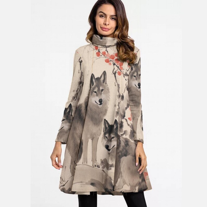 Vestido de cuello alto estilo Ukiyo-e con estampado de lobos, vestido de manga larga para otoño e invierno, ropa artística de inspiración japonesa, vestido espiritual con estampado de lobos. imagen 1