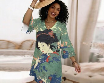 Vintage Japanese Geisha Ruffle Sleeve Dress, Traditional Ukiyo-e Art V-Neck Mini Dress, Elegant Gaisha Botanical Shift Dress, Flared Dress