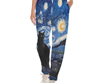 Starry Night Black Cat Jogger Pants, Van Gogh Galaxy Cat Sweatpants, Artistic Cat Trousers, Cat Whimsical Jogging Pants Celestial Loungewear
