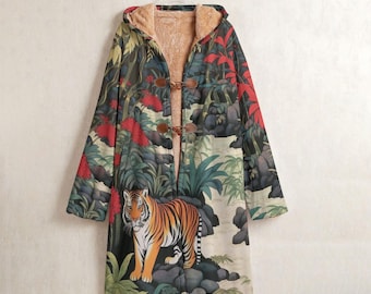 Vintage Japanese Tiger Long Fleece Windbreaker Coat, Ukiyo-e Jungle Hooded Coat, Exotic Wildlife Graphic Tiger Jacket, Art Japanese Jacket