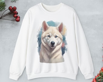 Może przedstawiać: Biała bluza z kolorowym wzorem akwarelowym przedstawiającym białego psa husky z niebieskimi oczami.