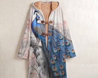 Blue Peacock Ink Wash Fleece Windbreaker, Peacock Horn Button Long Hooded Coat, Traditional East Asian Art Jacket, Fuzzy Lined Winter Coat
