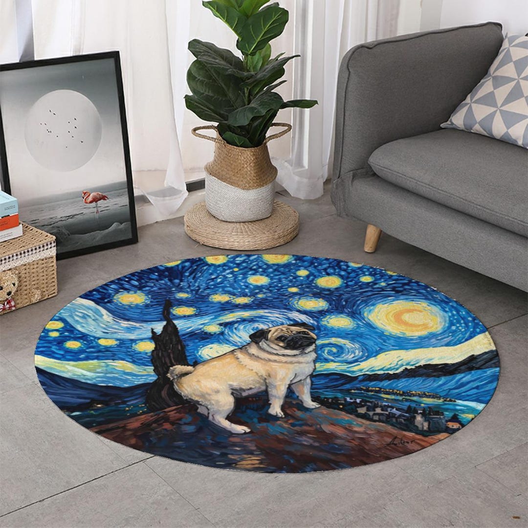 Starry Night Pug Round Rug, Van Gogh Inspired Art Floor Mat, Pug ...