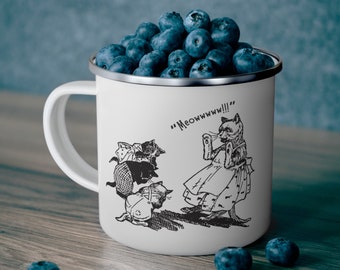 Vintage Cat Enamel Camping Mug, Funny cat Enamel Mug, unhinged Mug, Retro Kitten Weirdcore Enamel mug, Vintage coffee mug, Cat gifts