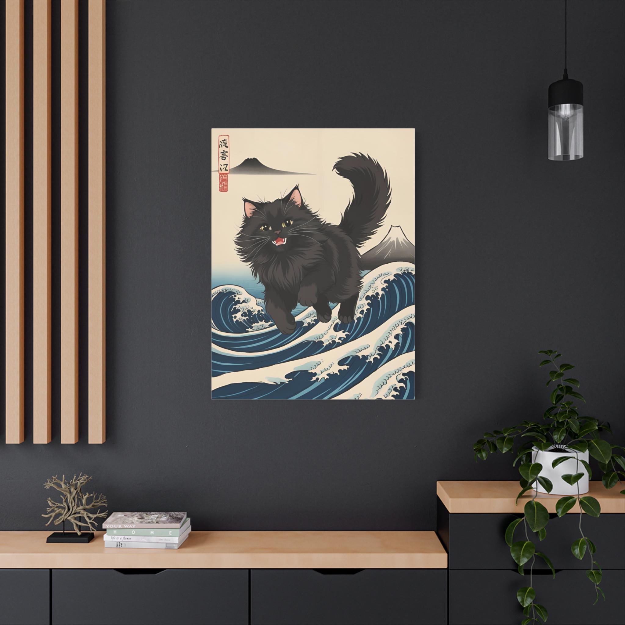 日本の波のキャンバスアート、黒猫の壁飾り、黒猫好きへのギフト、和風
