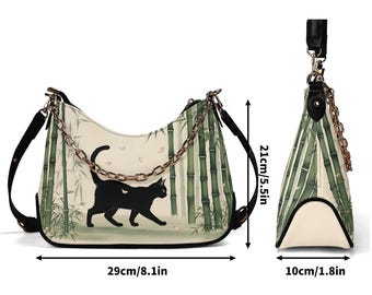 ❤️着物お出かけバンブーbag松葉文様　gold✖️black Japanese Black Cat Bamboo Shoulder Bag – Japanese Twill Faux