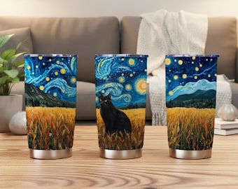 Starry Night Black Cat Tumbler, Celestial Cat Van Gogh Travel Mug, Starry Night Stainless Steel Insulated Cup, Artistic Cat Coffee Tumbler