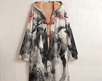Ukiyo e Horse Print Long Coat, Horse Fleece Lined Hooded Overcoat, Spirit Horse Jacket, Horse Totem Hooded Jacket, Wild Horse Print Coat