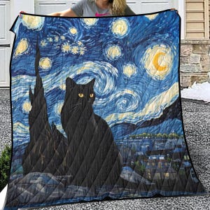 ゴッホの星月夜黒猫ブランケット、星月夜フリースフランネルスロー
