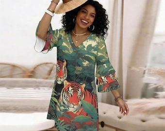 Vestido con mangas con volantes de tigre, minivestido exótico con escote en V de la jungla de tigre, vestido recto botánico de arte tradicional de Asia Oriental, vestido bohemio con volantes
